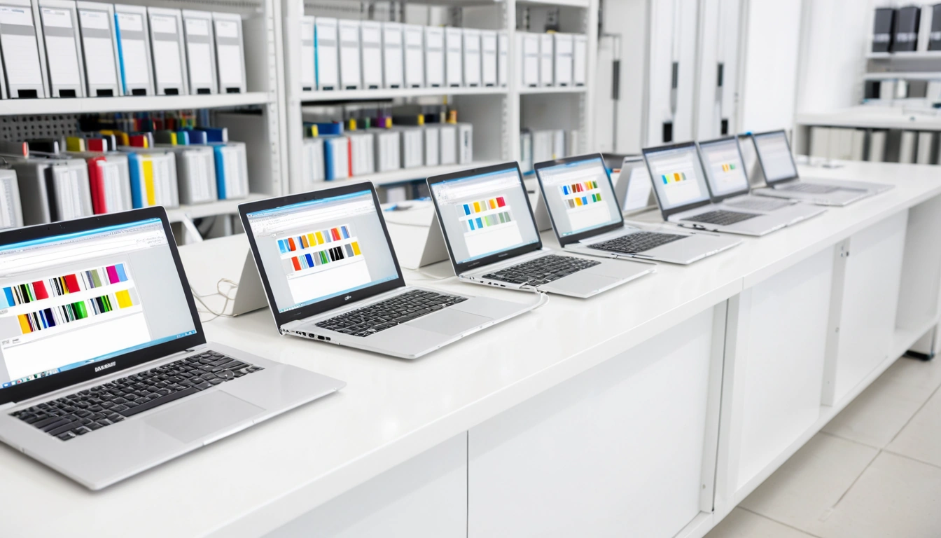 A row of new laptops set up on a bright workbench