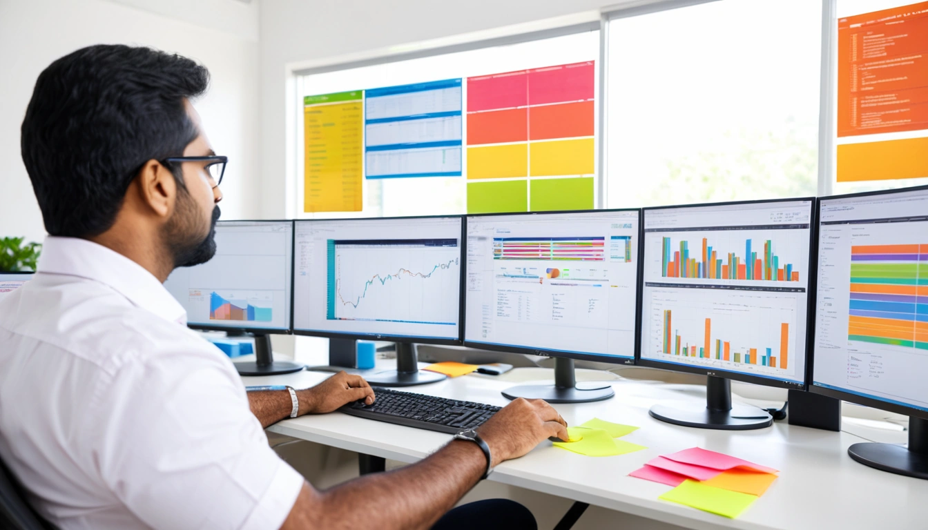 Developer working on colourful dashboards across several monitors