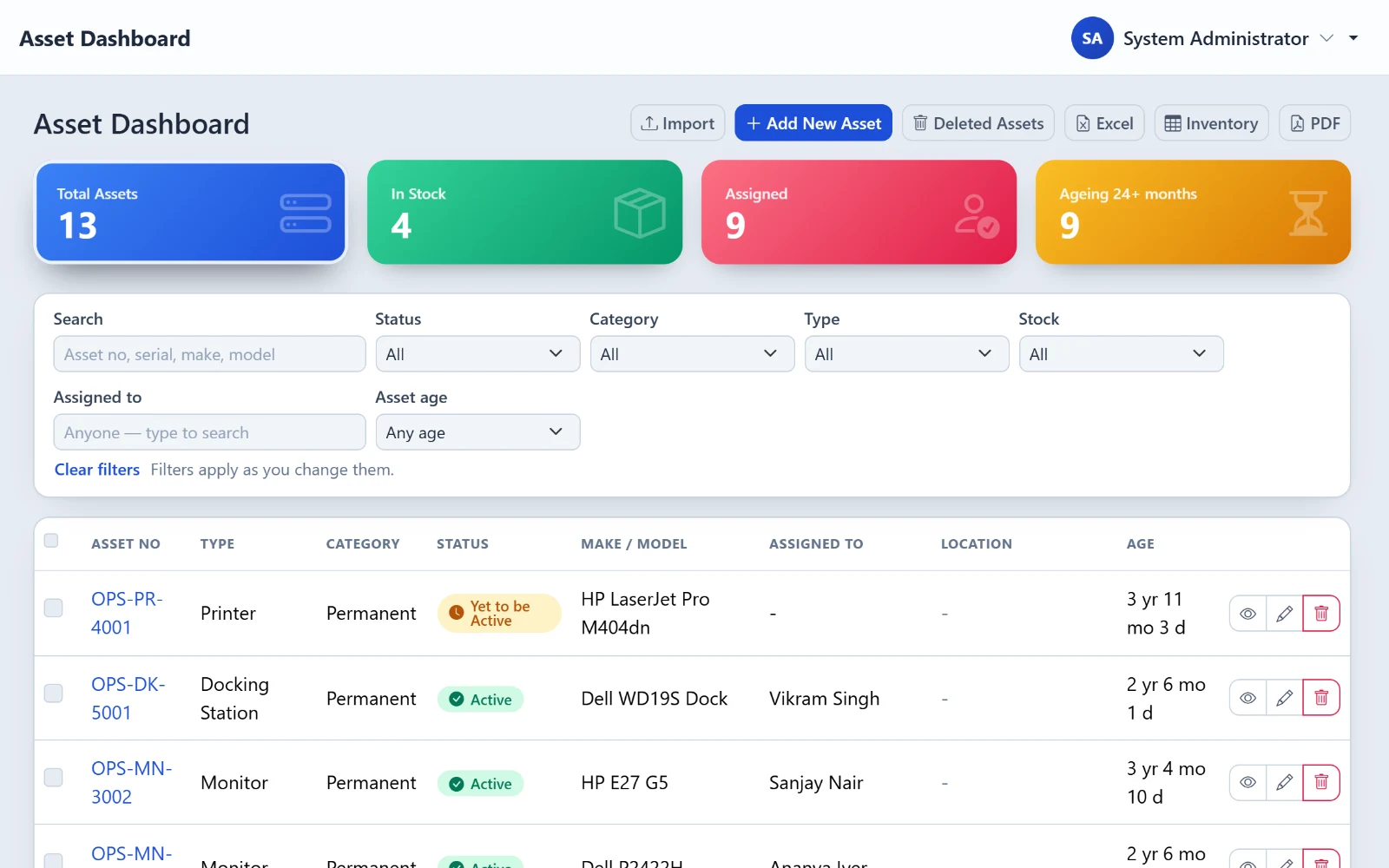 OpsPane asset register with filters and asset list