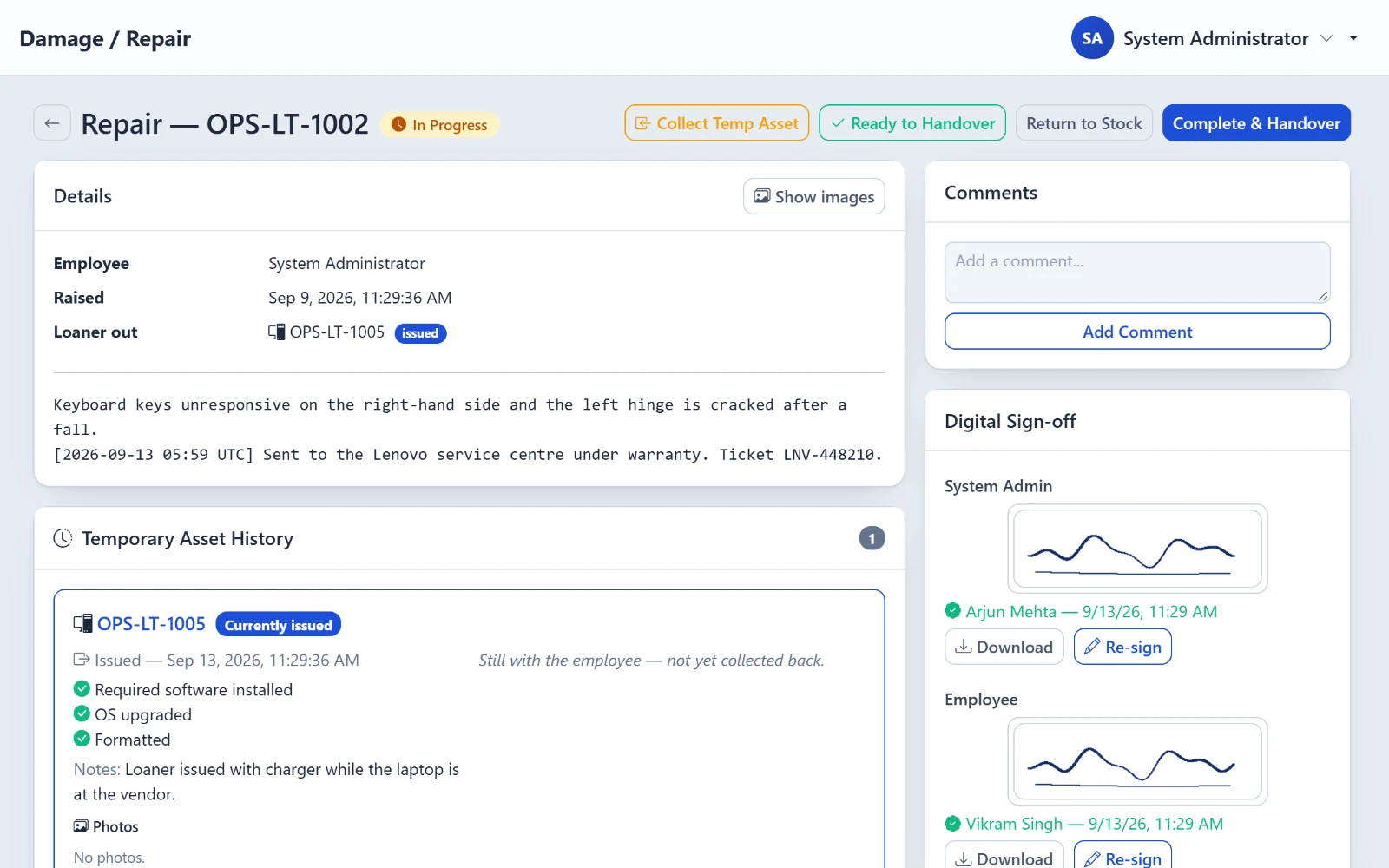 OpsPane repair record with loaner history and sign-off