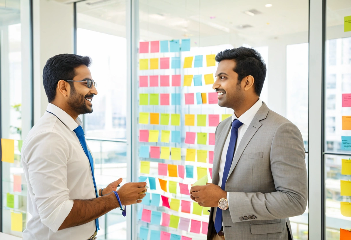 Engineers planning a project with sticky notes