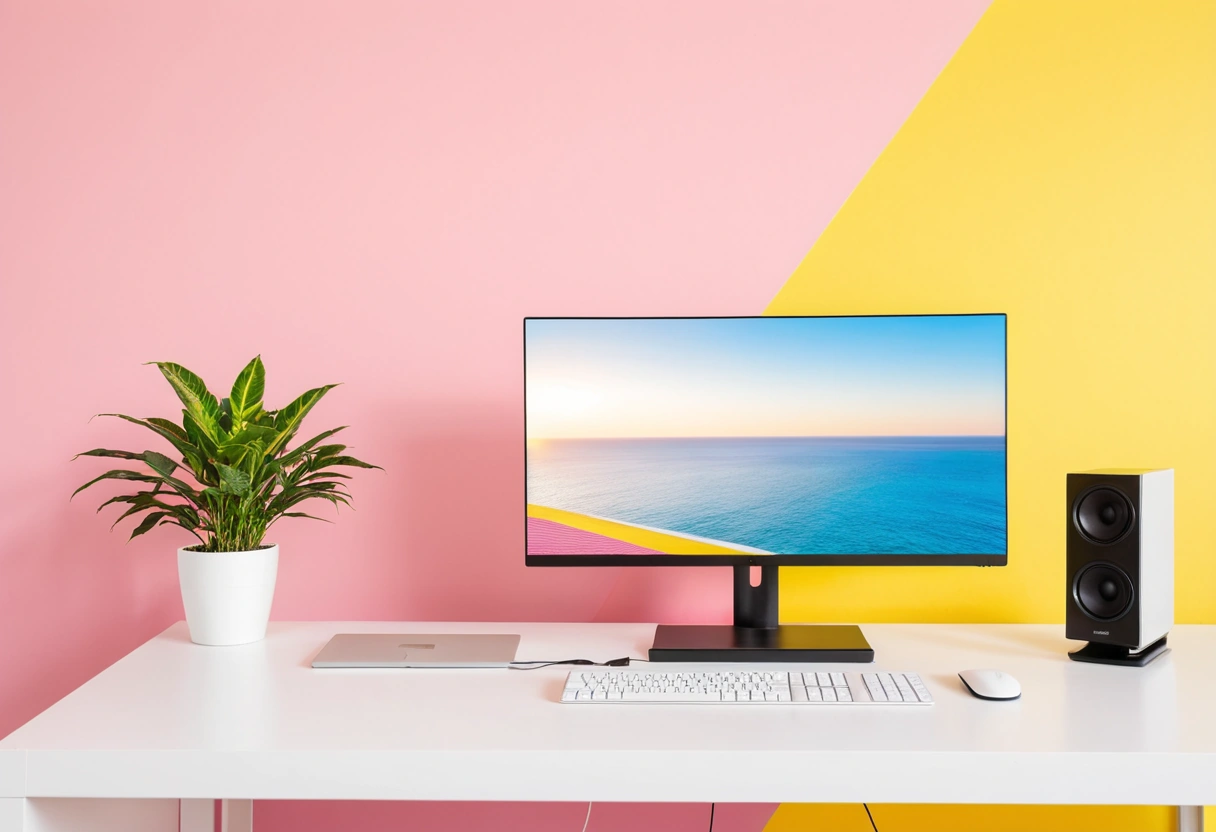 A modern desk with monitor and docking station